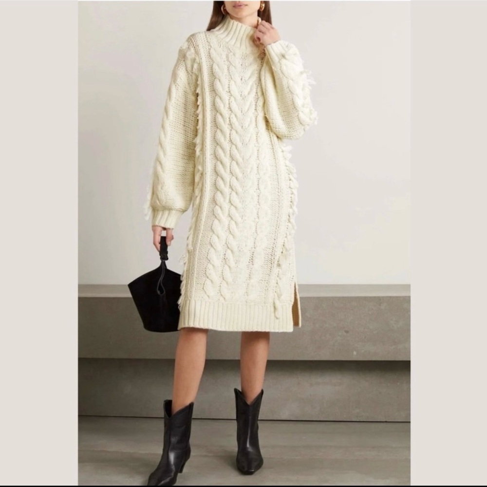 Farm RIO fringed chunky cable knit ivory midi sweater dress, S, NWT